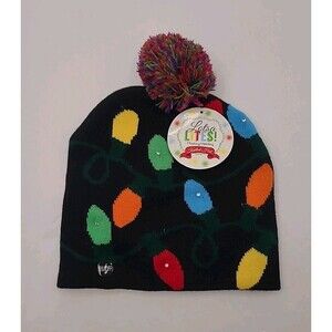 Knitted Bulb Beanie LIGHT UP Black Fitted Pom Pom Hat Adult Lotsa Lites